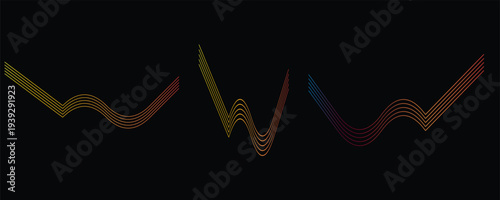 Elegant multi layered neon wave lines in glowing gradients of gold yellow, warm orange red, and cool blue purple ripple across a pure black void  creating a hypnotic.