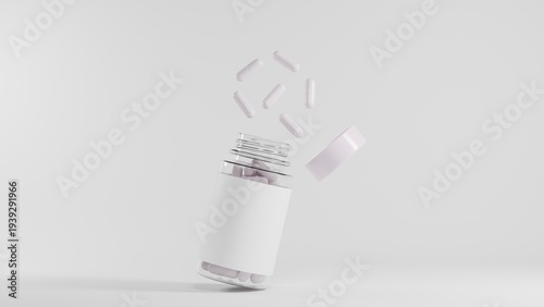 Floating medical bottle with cap slightly opened, sterile vaccine packaging concept, minimal 3D render