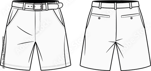 Technical fashion flat sketch of men's classic belted chino shorts with slanted side pockets, back buttoned welt pockets, and belt loops front back views.