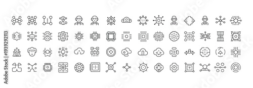 Comprehensive collection of AI, machine learning, and neural network line icons for modern technology concepts and data processing.