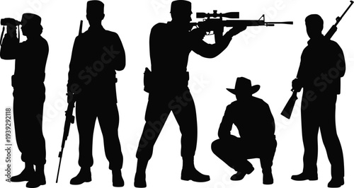 Silhouette of Soldiers and Hunter with Rifles and Binoculars on White Background military army