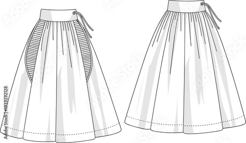 Technical fashion flat sketch of women's flared midi skirt featuring a drawstring waistband with striped side panel inserts and front back view templates.