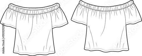 Technical fashion flat sketch of women's off-shoulder short sleeve crop top with elastic neckline gathered bodice and ruffled hem front back views.