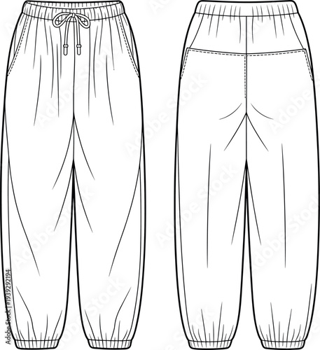 Technical fashion flat sketch of women's high waisted jogger pants with elastic drawstring waistband side pockets and gathered cuffs featuring front and back views.