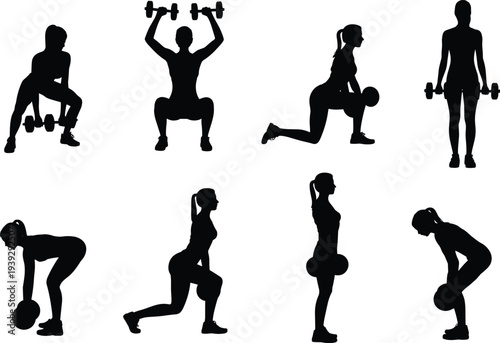 Silhouettes of women performing various weightlifting exercises with dumbbells and barbells on a white background