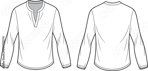 MobileTechnical fashion sketch of a men long sleeve henley shirt with V neckline and narrow placket detail isolated on white background vector illustration.