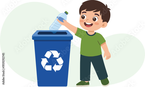 Cartoon boy throwing plastic bottle into recycling bin with recycle symbol