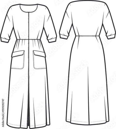 Technical fashion sketch of a women double breasted trench coat featuring a notched lapel waist belt and large patch pockets isolated on white.