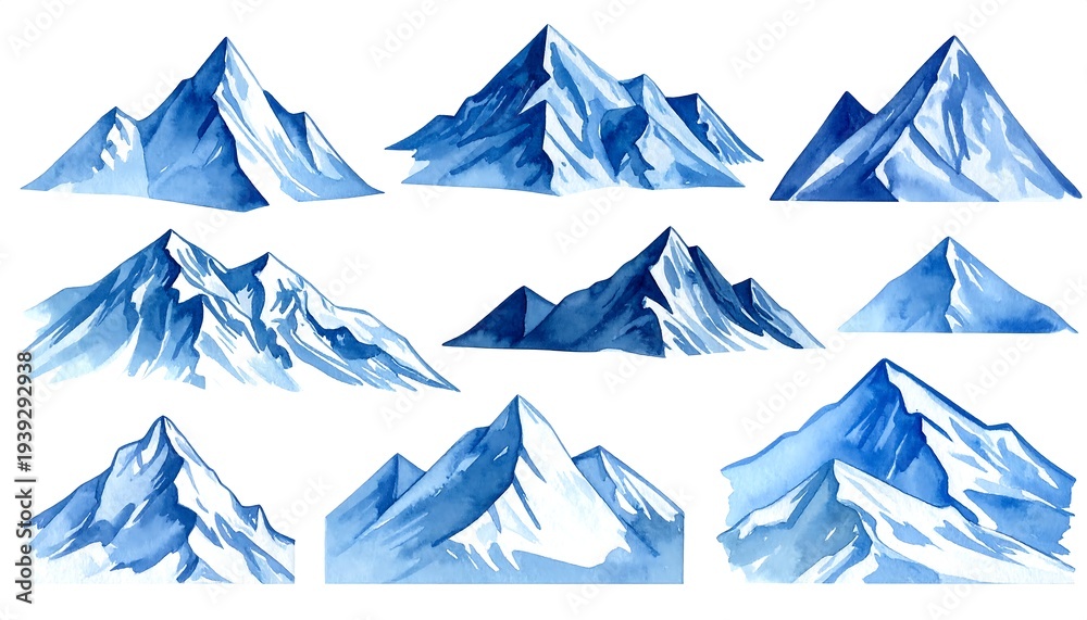 Fototapeta premium Watercolor peaks. Collection of blue and white snowy mountains on white background, artistically rendered