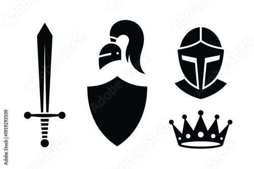 Black and white medieval symbols sword shield helmet crown