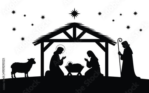 Black and white nativity scene with stars and sheep