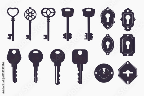 Vintage and modern keys with keyhole silhouettes