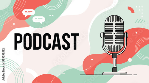 Flat vector illustration of podcast microphone, audio broadcasting design, communication media, vintage mic, speech bubble, abstract background pattern