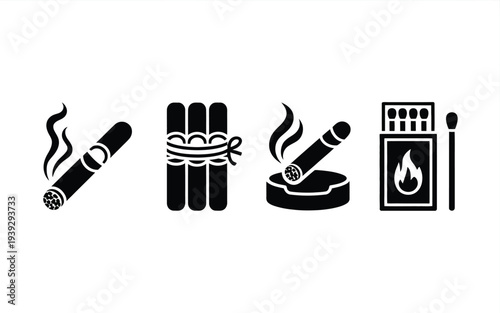 Black and white of cigars, cigar bundle, cigar cutter, and matchbox