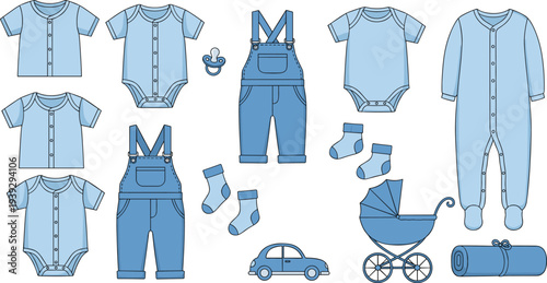 Baby clothing and accessories, onesie silhouette, stroller design, pacifier icon, toy car outline, blanket figure, infant essentials illustration