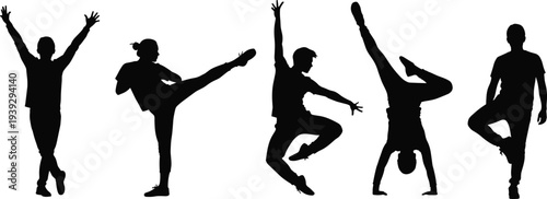 Dance silhouette collection, athletic movement poses, martial arts outline, gymnastics figure, balance design, black illustration, physical expression icon