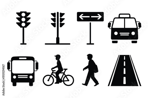 Black and white of traffic signals, vehicles, and pedestrians