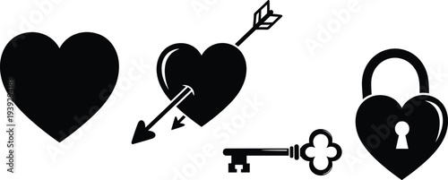 Heart love symbols, arrow pierced heart, vintage key outline, padlock design, romantic silhouette, emotional icon, black illustration figure
