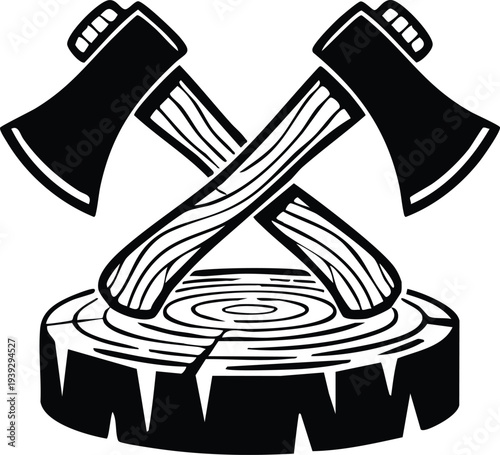 Vintage Woodworking and Forestry Vector Emblem, Rustic Lumberjack Hatchet and Wood Log Symbol, vector, illustration, silhouette.
