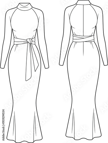 Technical fashion sketch of a women long sleeve mock neck bodycon maxi dress featuring a matching waist tie belt isolated on white background.
