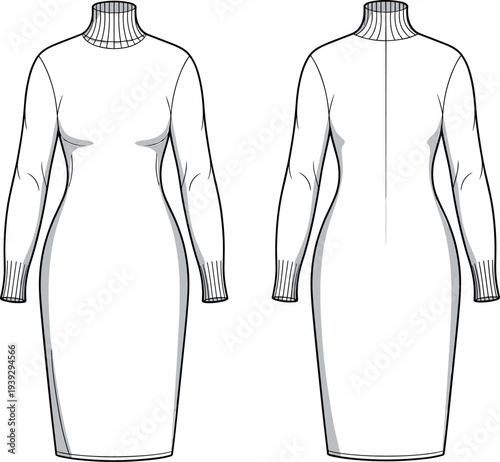 MobileTechnical fashion sketch of a women long sleeve ribbed knit turtleneck bodycon midi dress isolated on white background for apparel design vector illustration.