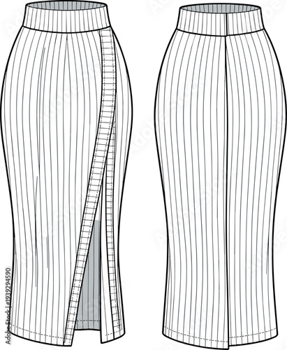 MobileTechnical fashion sketch of a women ribbed knit pencil midi skirt with high waist and front slit detail isolated on white background vector.