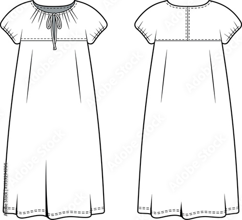 Technical fashion sketch of a women short sleeve smock midi dress featuring a gathered neckline with tie detail isolated on white background.