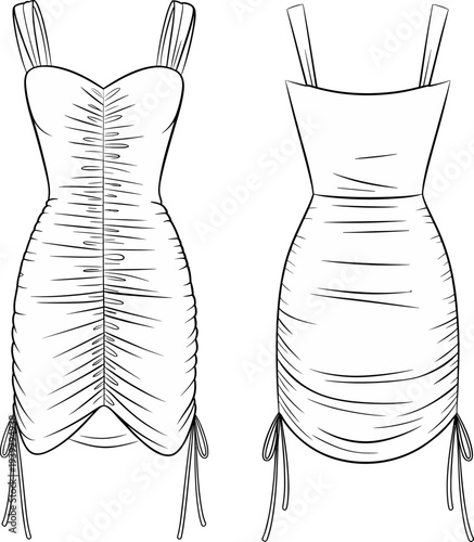 MobileTechnical fashion sketch of a women sleeveless bodycon mini dress with sweetheart neckline and ruched front drawstring side details isolated on white background.