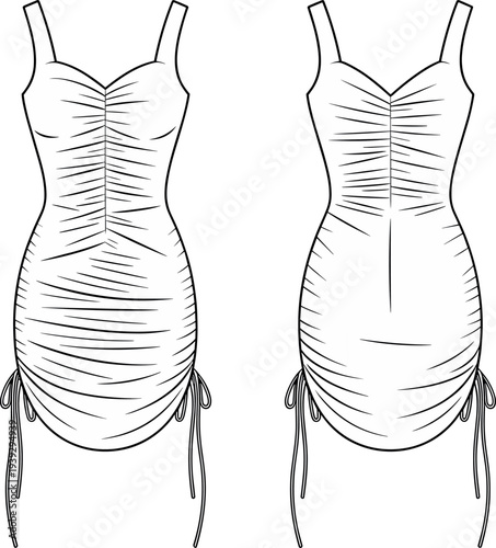 MobileTechnical fashion sketch of a women sleeveless ruched bodycon mini dress with sweetheart neckline and drawstring side details isolated on white 