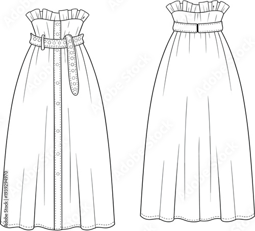 Technical fashion sketch of a women strapless button front midi dress featuring a ruffled neckline and eyelet grommet waist belt isolated on white background.