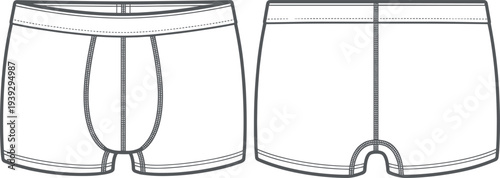 Art &Technical fashion sketch of men's jersey boxer briefs underwear with elastic waistband and contour pouch cad drawing flat vector illustration for garment manufacturing Illustration