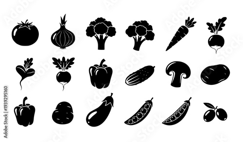 Vegetable silhouettes icon set organic farm food symbols vector isolated on white
