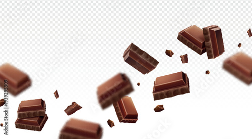 Chocolate bar pieces flying in air. Realistic 3d vector illustration set of dark brown cocoa sweet dessert. Square black or milk choco candy chunk. Cocoa candy bar broken slices