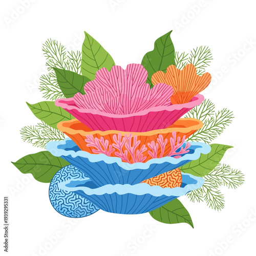 Colorful Coral Reef Arrangement with Green Leaves and Seaweed