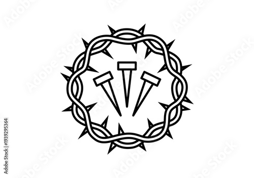 Icono de corona de espinas con tres clavos en estilo lineal negro