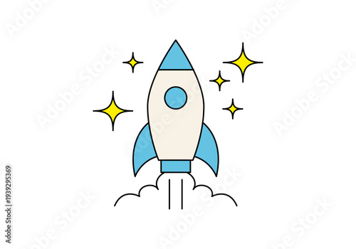 Cohete espacial blanco y azul despegando con nubes de humo y estrellas amarillas