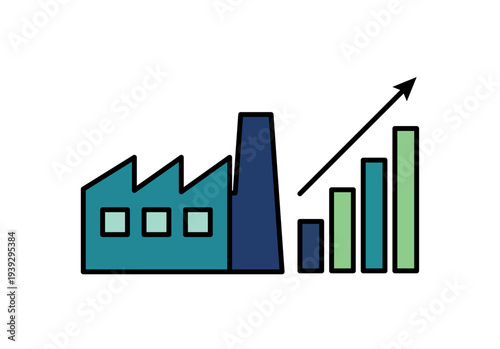 Fábrica industrial con gráfico de barras ascendente que representa el crecimiento y éxito empresarial