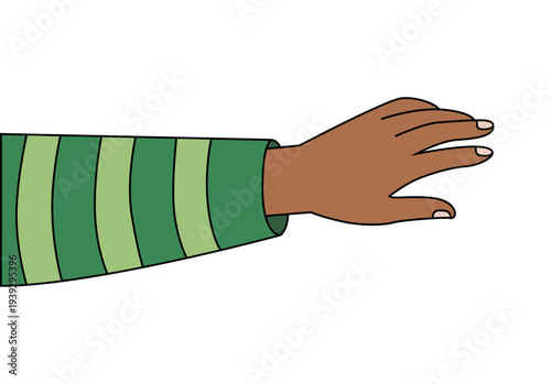Brazo con manga a rayas verdes y mano de piel morena extendida en posición de agarre o alcance