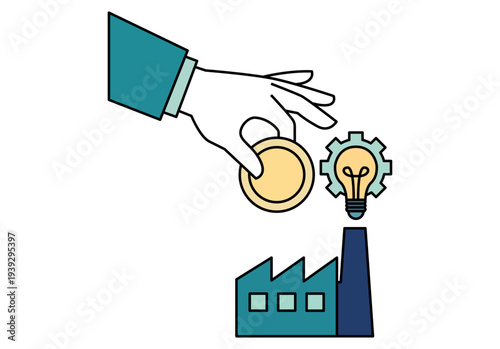 Mano con moneda invirtiendo en una fábrica con bombilla y engranaje que simbolizan ideas industriales