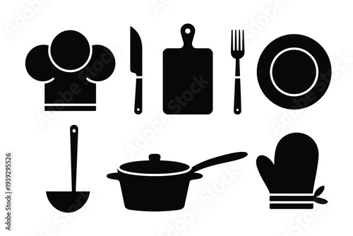 Black silhouettes of cooking utensils and chef hat