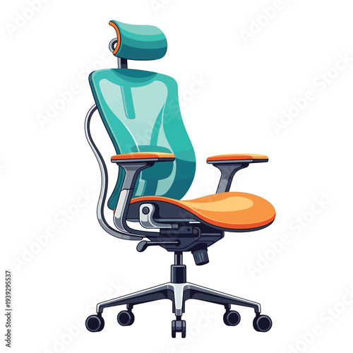 Ergonomic office chair in modern minimalist style with teal and orange accents in digital illustration for furniture catalog