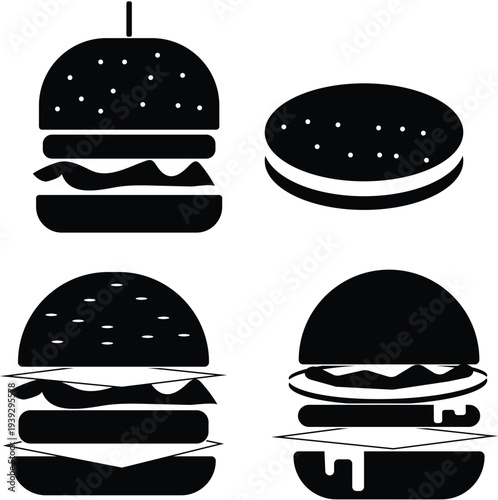 Comprehensive set of four black minimalist hamburger and cheeseburger silhouette icons isolated on a plain white background, featuring detailed layers including thick meat patties, lettuce, cheese, an
