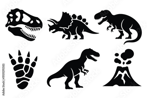 Black silhouettes of dinosaurs and volcano prehistoric