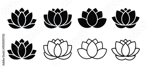 Lotus Flower Icons Collection with Solid and Outline Styles Floral Vector Set