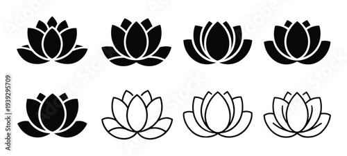 Lotus Flower Icon Set Minimal Black and Line Floral Symbols Isolated on White