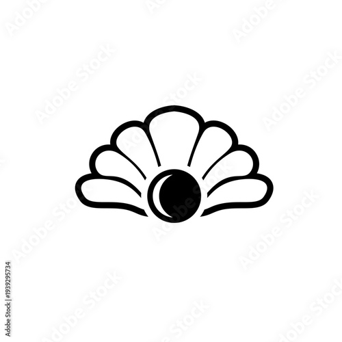 Stylized Black and White Scallop Shell with Pearl Graphic Icon