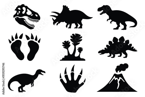 Black silhouettes of dinosaurs, footprints, plants, and volcano