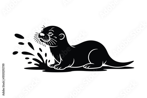 Black otter swimming in water splash