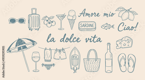 Hand drawn retro mediterranean summer illustrations. Mediterranean summer vacation illustration set in sketch style. Italian holiday elements