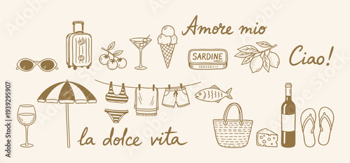 Hand drawn retro mediterranean summer illustrations. Mediterranean summer vacation illustration set in sketch style. Italian holiday elements